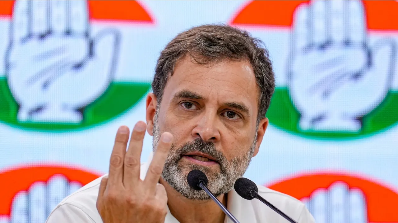 Congress leader Rahul Gandhi addresses a press conference at AICC headquarters, in New Delhi