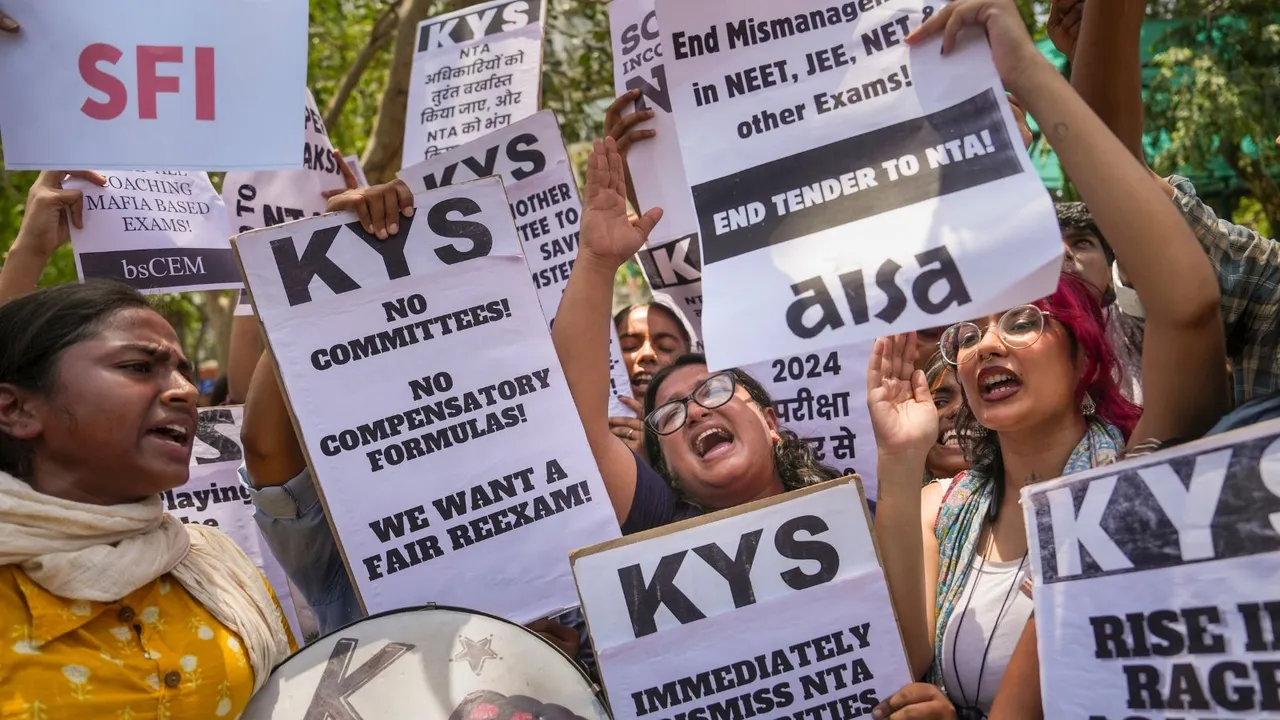 Members of various student organisations stage a protest against the alleged irregularities in the NEET-UG 2024 entrance exam result, in New Delhi, Monday, June 10, 2024.