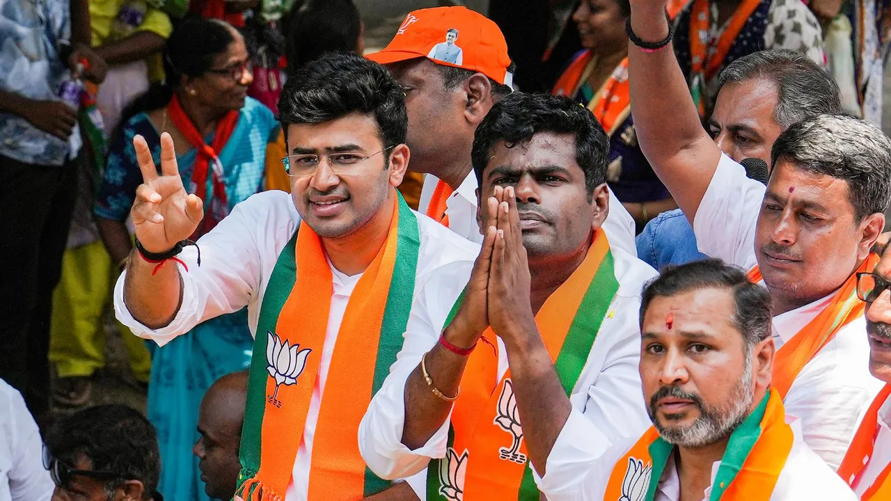 Tamil Nadu BJP President Annamalai, party's candidate from Bengaluru South Tejasvi Surya and other leaders during an election campaign for Lok Sabha elections, in Bengaluru, Monday, April 22, 2024