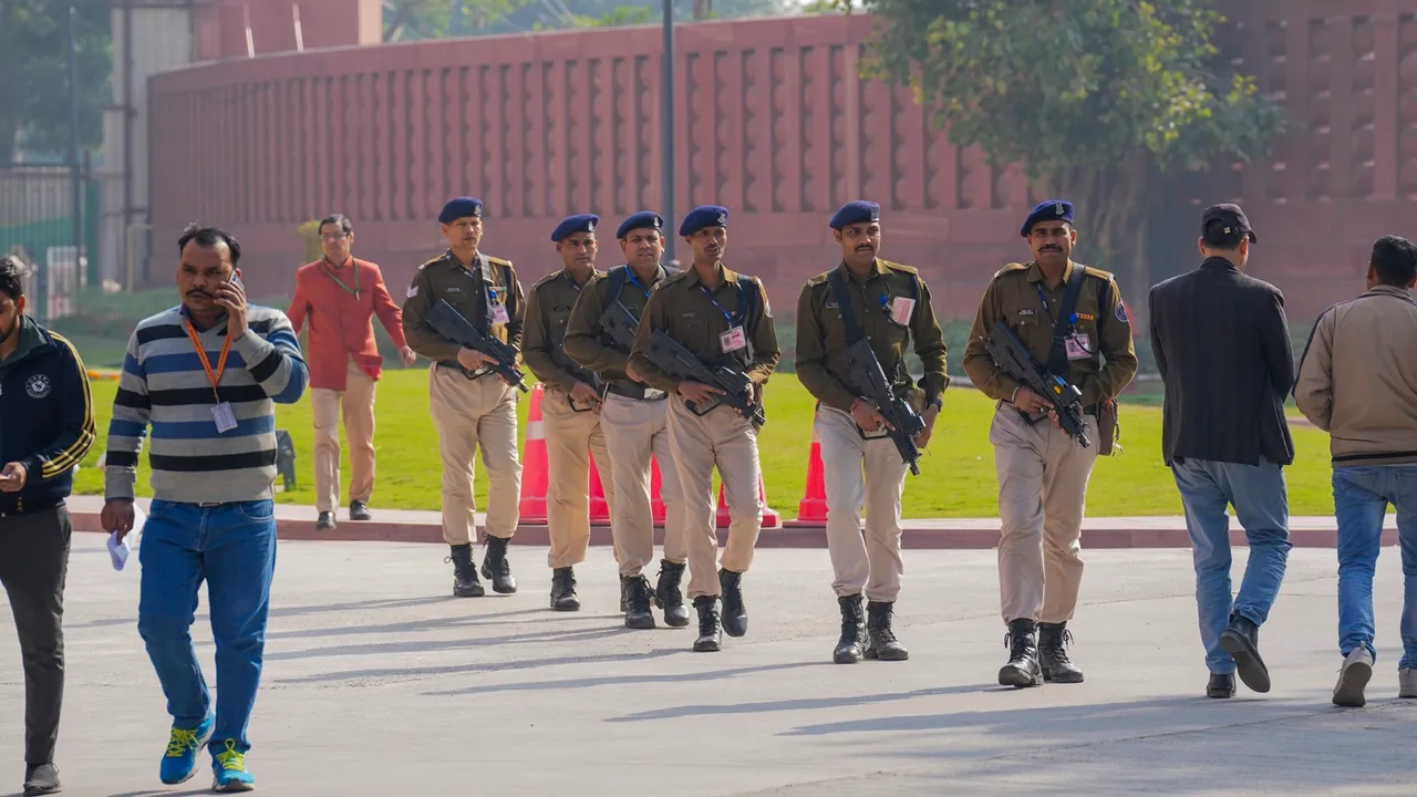 Armed security personnel patrol the Parliament House premises after a recent security breach, in New Delhi