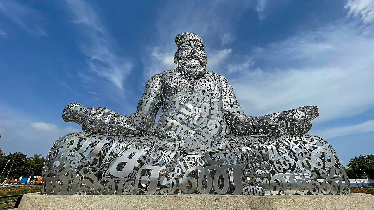 Poet Thiruvalluvar's steel statue made of Tamil letters installed in Coimbatore