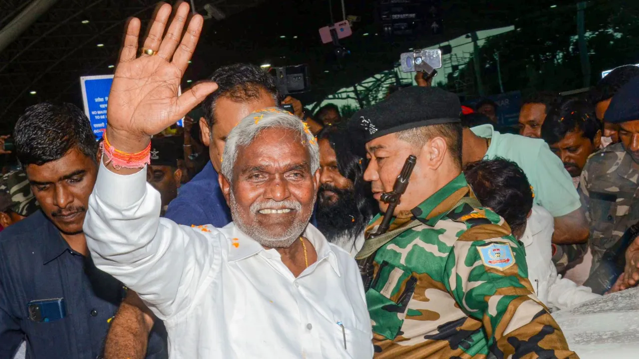 Former Jharkhand chief minister Champai Soren arrives days after meeting with Union Home Minister Amit Shah, at Birsa Munda Airport in Ranchi, Wednesday, Aug. 28, 2024.