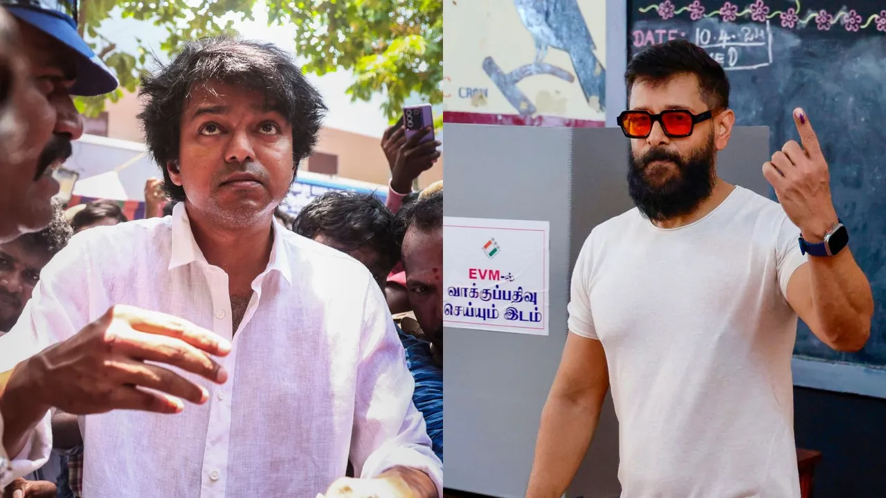 Actor Chiyaan Vikram and Vijay after casting their vote for the first phase of Lok Sabha elections, in Chennai, Friday, April 19, 2024