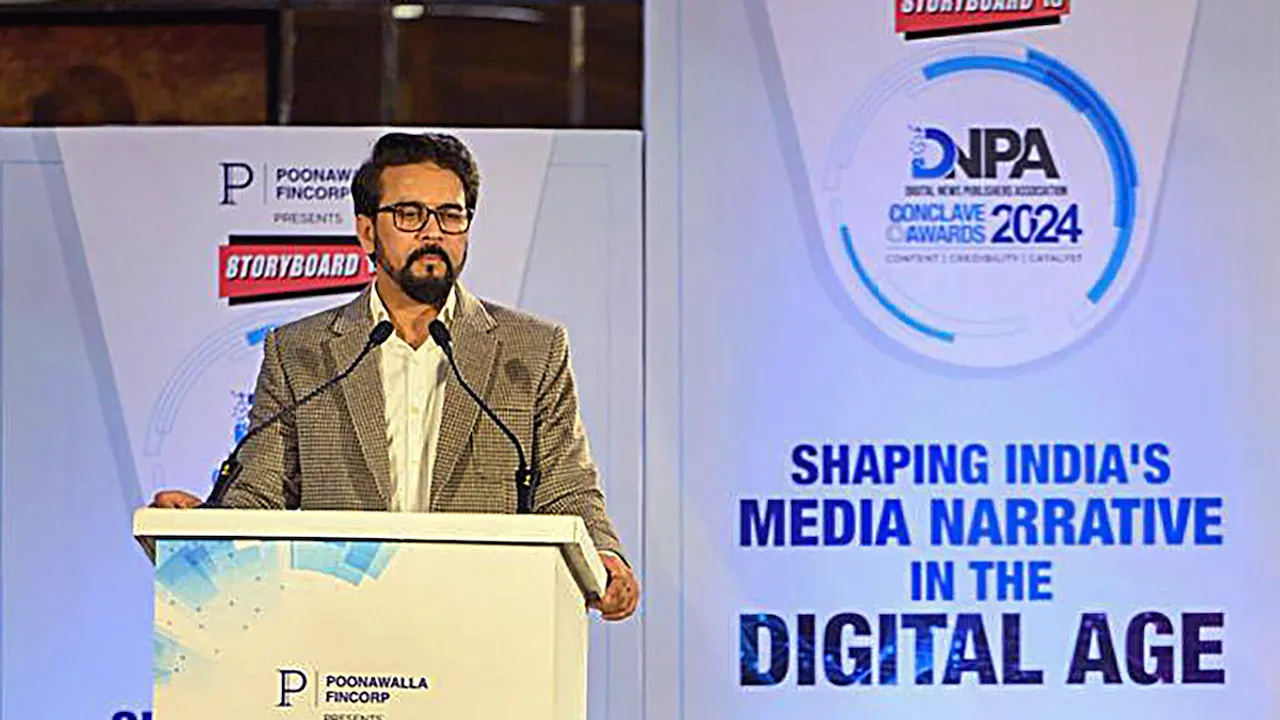 Anurag Thakur addresses during the DNPA Conclave & Awards 2024, in New Delhi, Tuesday, Feb. 6, 2024.