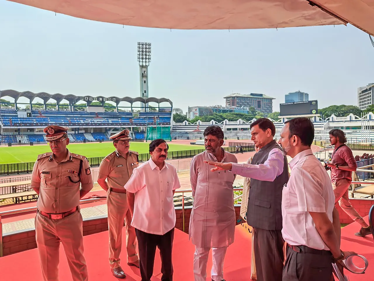 Karnataka Deputy CM-designate DK Shivakumar oversees preparations for the oath-taking ceremony of Karnataka Chief Minister and Deputy Chief Minister at Sree Kanteerava Stadium, in Bengaluru