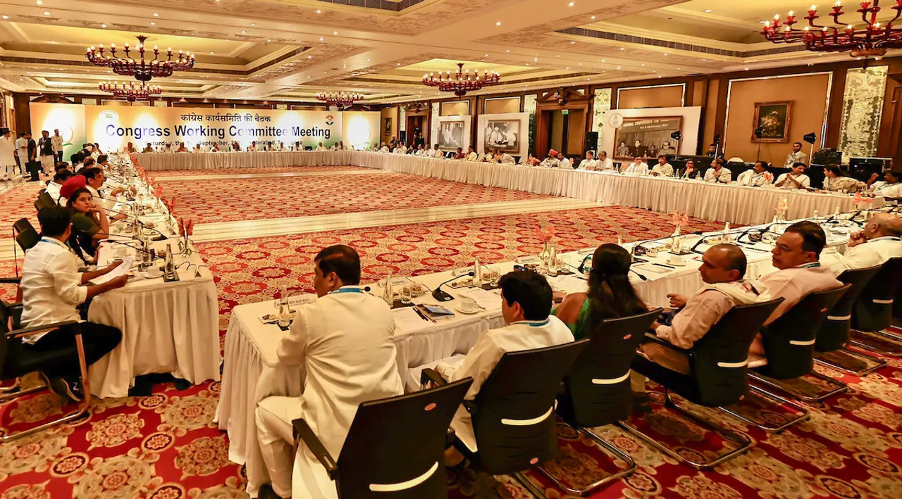 Congress party leaders during Congress Working Committee Meeting, in Hyderabad, Saturday, Sept. 16, 2023.