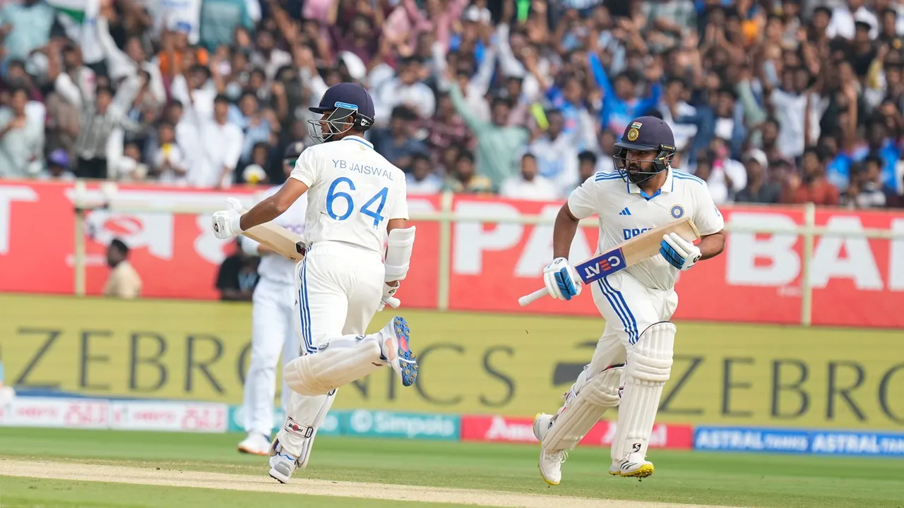 India's batters Rohit Sharma and Yashasvi Jaiswal on the first day of the second Test cricket match between India and England