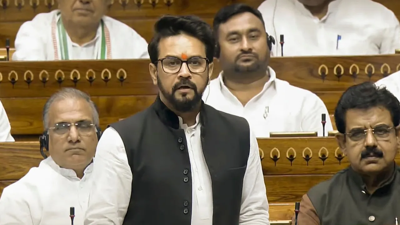 Union Minister Anurag Thakur speaks in the Lok Sabha during ongoing Parliament session, in New Delhi, Monday, July 1, 2024.