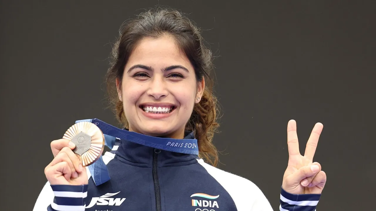 Bronze medalist Manu Bhaker of India poses during the medal ceremony for the 10m Air Pistol Women event of the Shooting competitions in the Paris 2024 Olympic Games at the Shooting centre in Chateauroux, France, 28 July 2024.