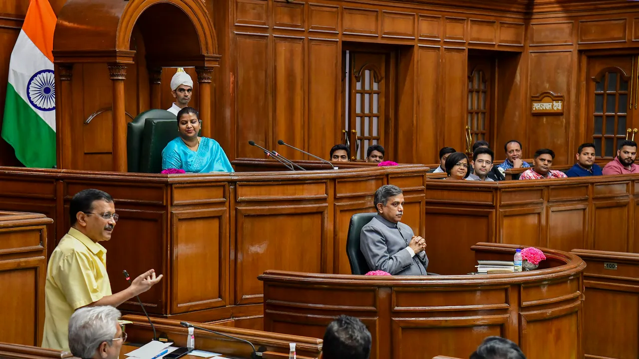 Arvind Kejriwal speaks in the assembly during its special session on April 17