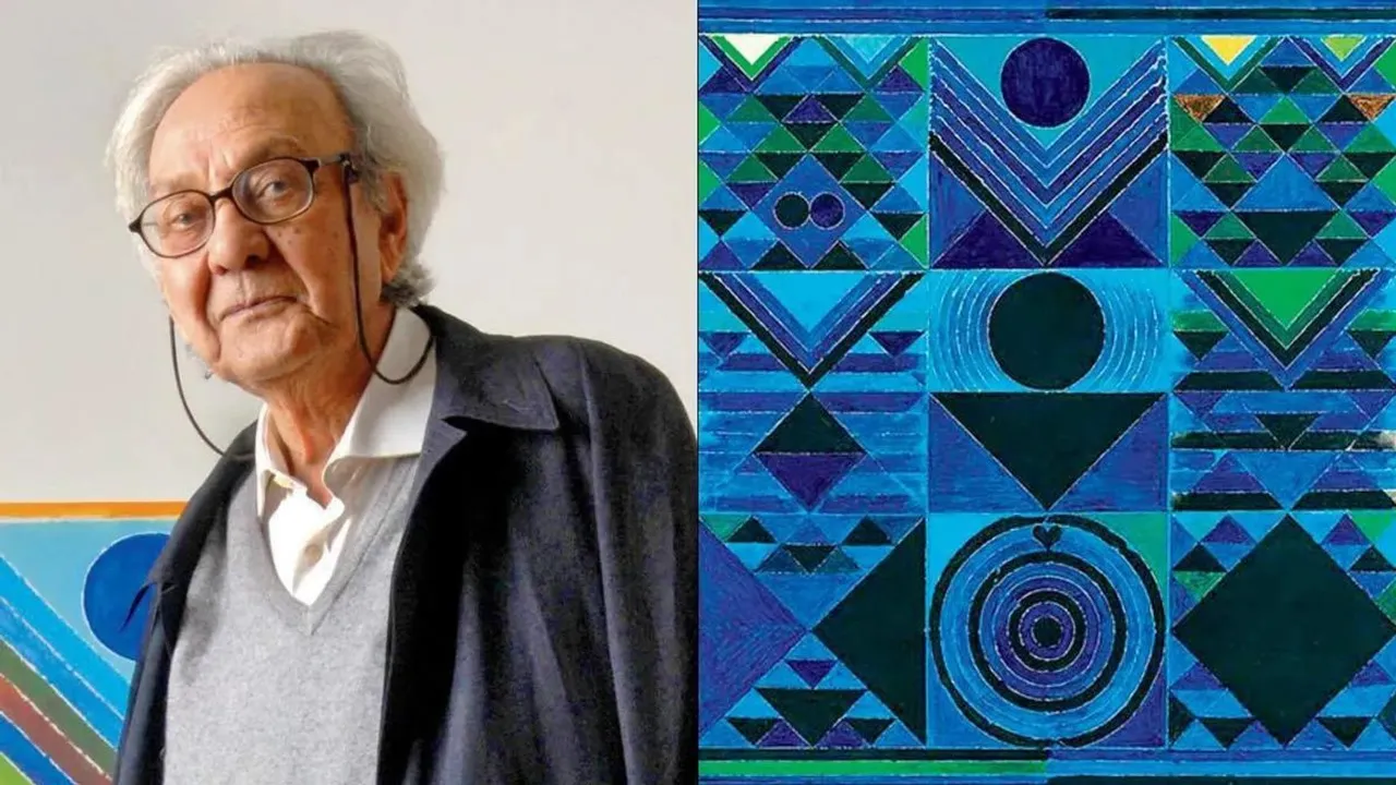 Artist Sayed Haider Raza and one of the many paintings titled Prakriti from the artist’s collection