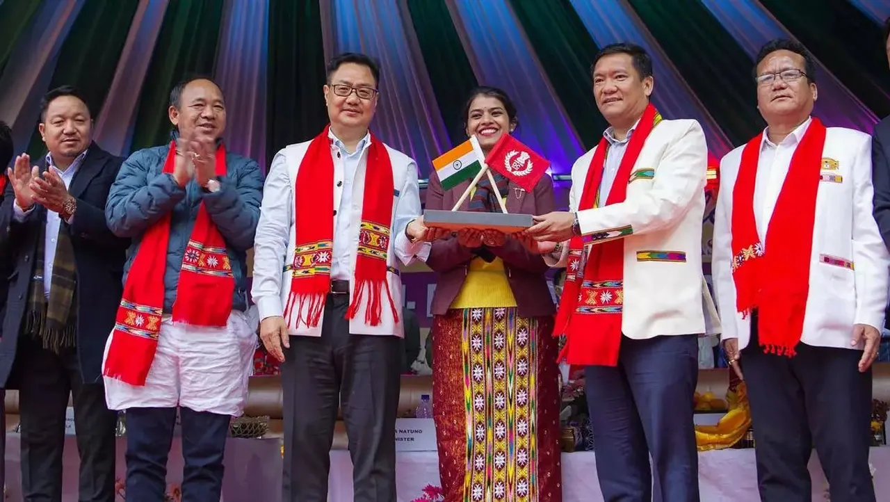 Union Minister Kiren Rijiju and Arunachal Pradesh Chief Minister Pema Khandu during the inauguration of the newly formed Bichom district, carved out of West Kameng and East Kameng districts, on Thursday