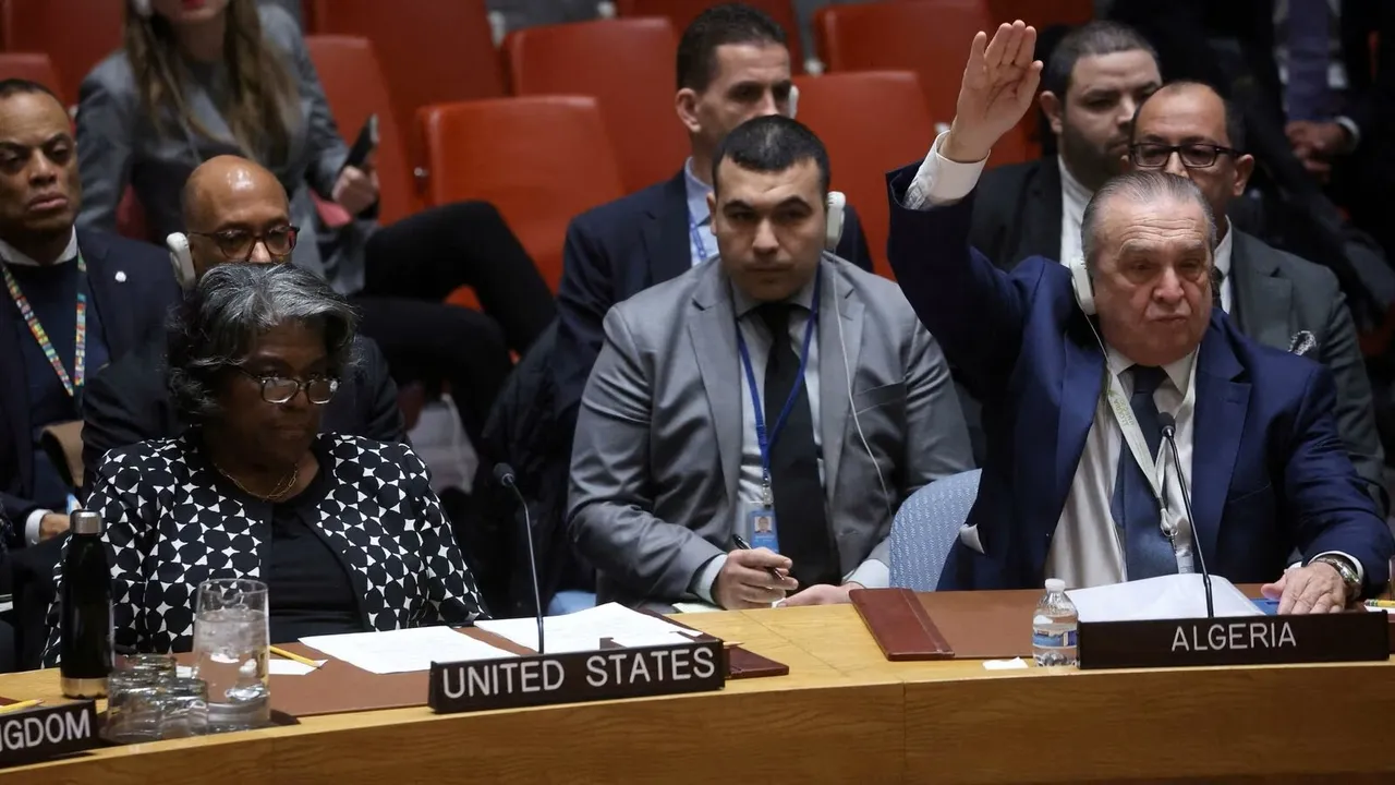 Algeria’s Ambassador to the United Nations Amar Bendjama votes in favour as U.S. Ambassador to the United Nations Linda Thomas-Greenfield vetos a vote on a U.N. Security Council resolution