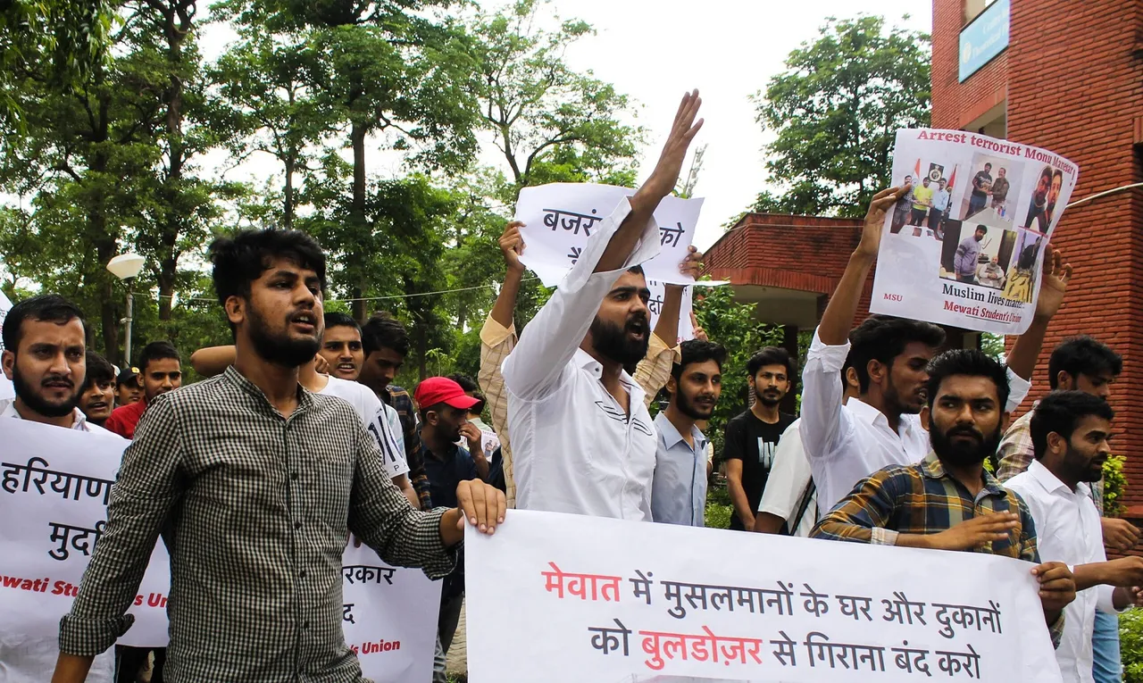 Students' outfits hold protest at Jamia Millia over Nuh violence, demand arrest of Monu Manesar