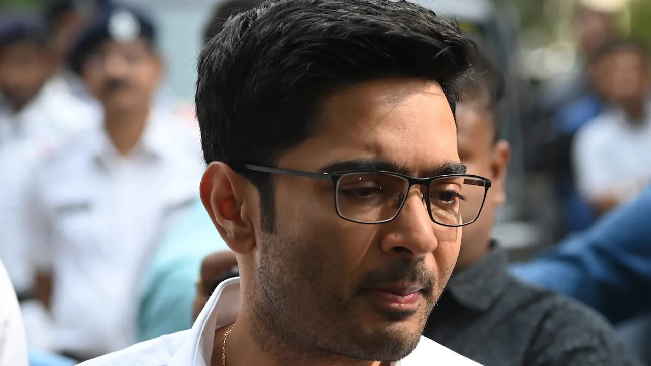 Abhishek Banerjee speaks with the media as he leaves from the Enforcement Directorate (ED) office after questioning in connection with alleged teachers recruitment scam, in Kolkata, Thursday, Nov. 9, 2023.