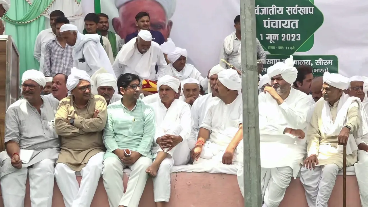 Bharatiya Kisan Union (BKU) leader Naresh Tikait with Khap Panchayat members during a 'mahapanchayat'