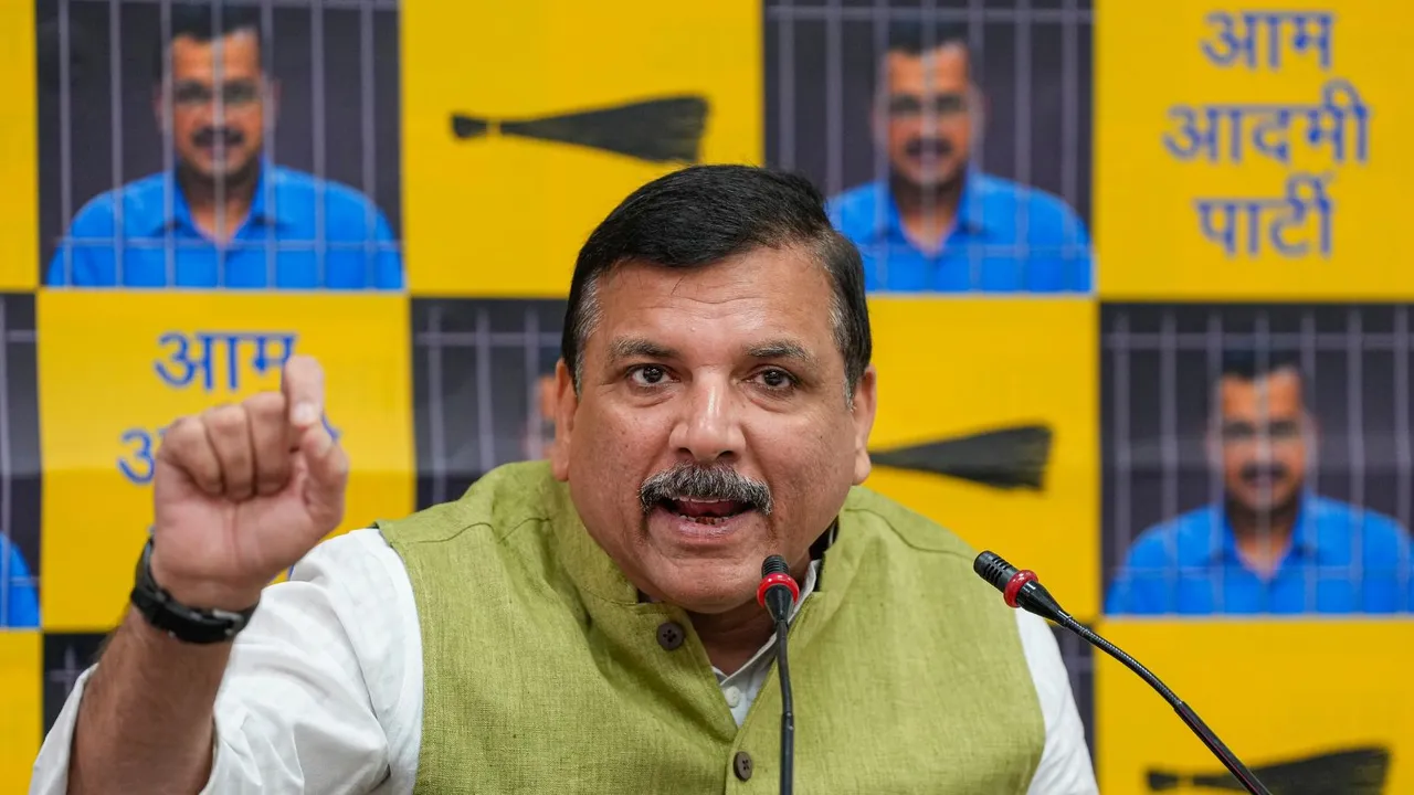 AAP leader Sanjay Singh addresses a press conference, in New Delhi, Wednesday, April 10, 2024