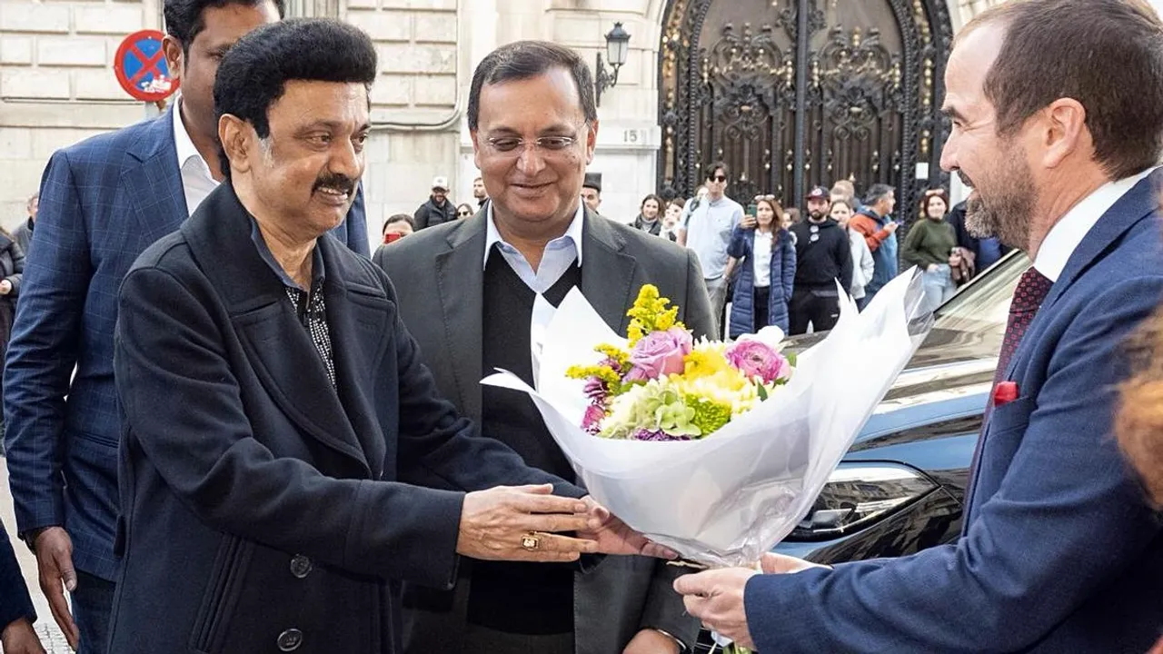 Tamil Nadu Chief Minister M K Stalin being welcomed in the presence of Dinesh K. Patnaik, Ambassador of India to Spain, on his arrival in Madrid on Monday. 