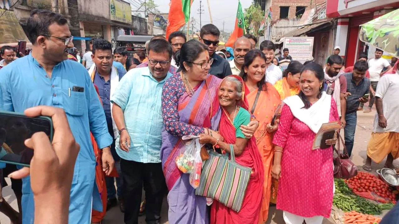 BJP candidate Locket Chatterjee during her election campaign for Lok Sabha polls, in Hooghly, Thursday, April 11, 2024