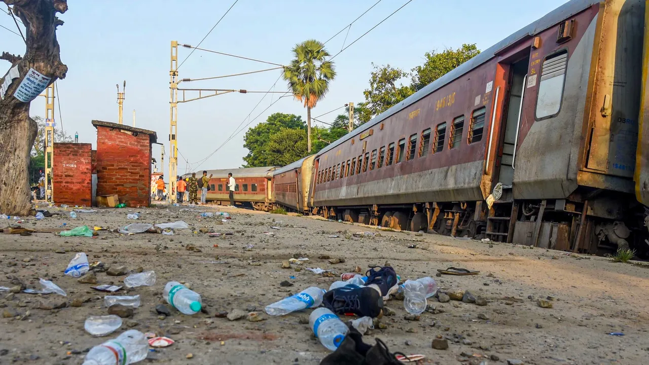 Passengers belongings lay bare a day after the derailment of six coaches of North East Express near Raghunathpur railway station in Buxar district