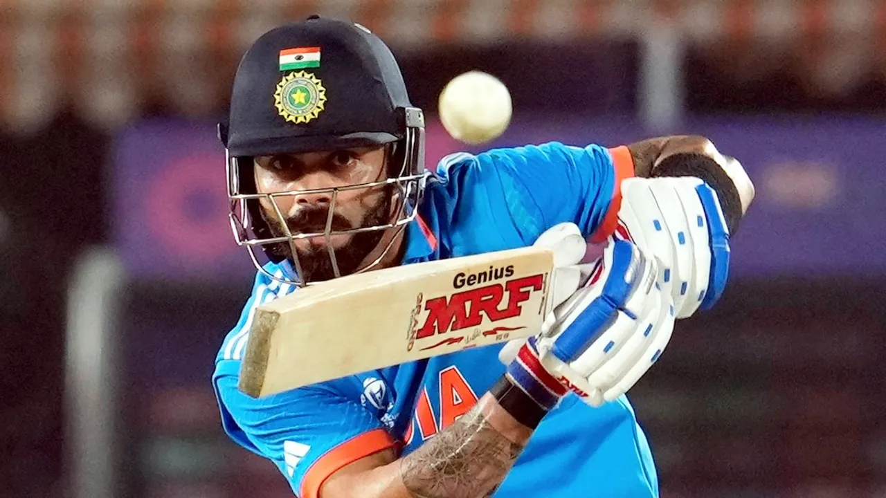 Virat Kohli plays a shot during the ICC Men's World Cup ODI cricket match between India and New Zealand at HPCA Stadium, in Dharamshala, Sunday, Oct. 22, 2023.