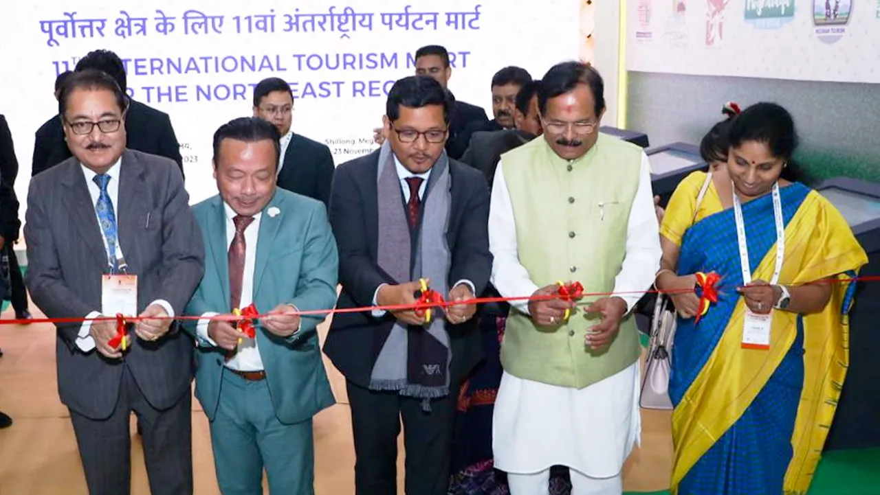 Union Minister of State for Tourism Shripad Naik, Meghalaya Chief Minister Conrad Sangma, state Tourism Minister Paul Lyngdoh and others inaugurate the 11th edition of the International Tourism Mart