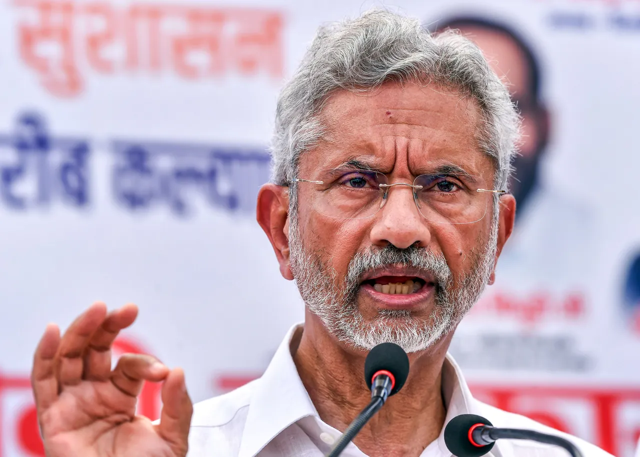 External Affairs Minister S. Jaishankar addresses during the 'Vikas Tirath Yatra', at Badarpur in New Delhi