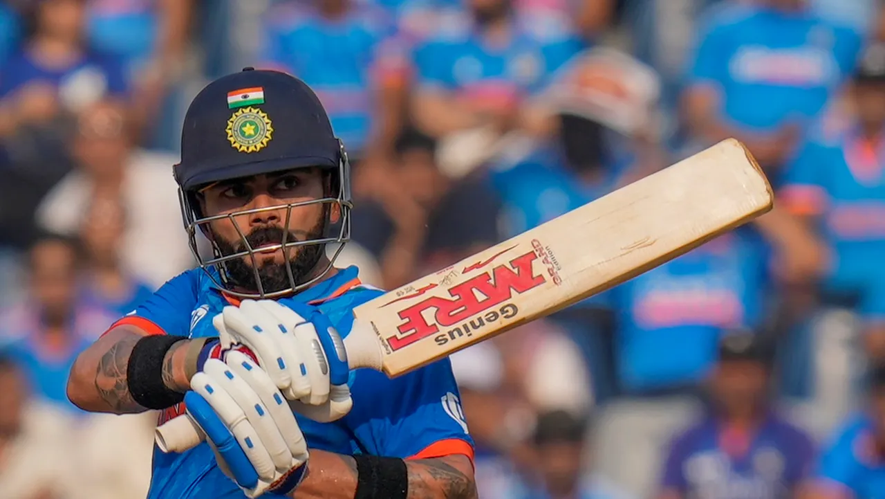 India's Virat Kohli plays a shot during the ICC Men's Cricket World Cup 2023 semi-final match between India and New Zealand, at the Wankhede Stadium