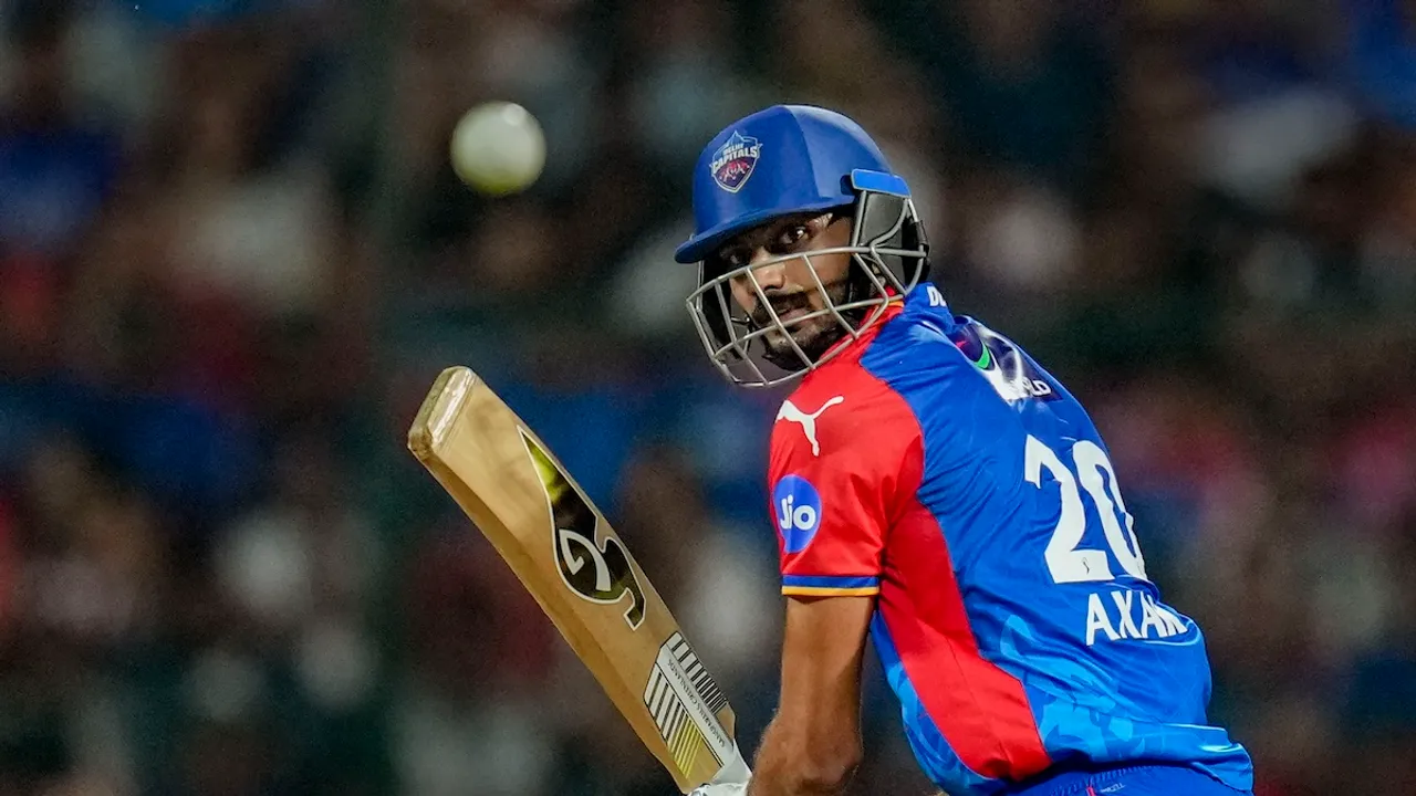 Delhi Capitals' captain Axar Patel plays a shot during an Indian Premier League (IPL) 2024 T20 cricket match between Royal Challengers Bengaluru and Delhi Capitals, at the M Chinnaswamy Stadium, in Bengaluru, Sunday, May 12, 2024.