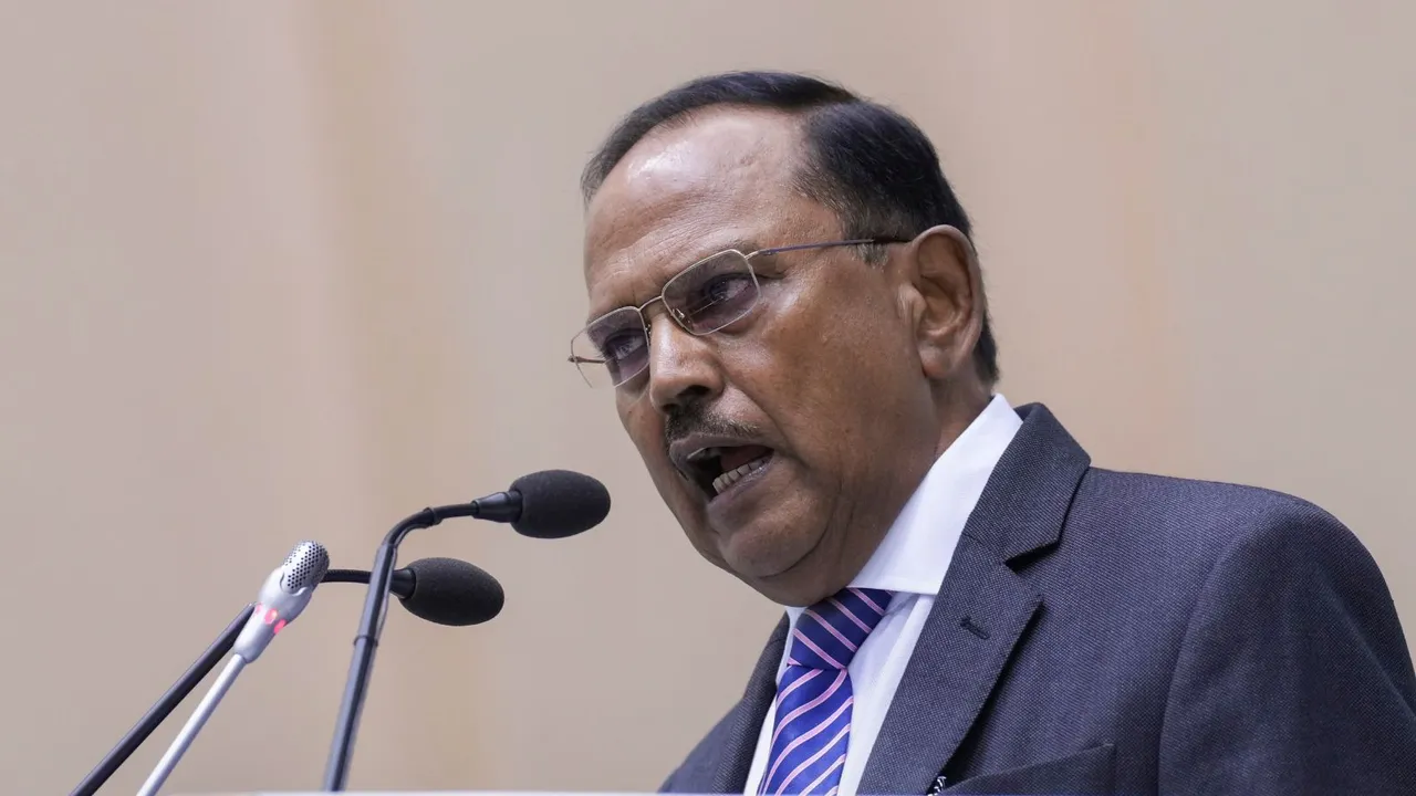 National Security Advisor (NSA) Ajit Doval addresses the gathering during the Border Security Force (BSF) Investiture Ceremony and Rustamji Memorial Lecture, at Vigyan Bhawan, in New Delhi, Friday, May 24, 2024