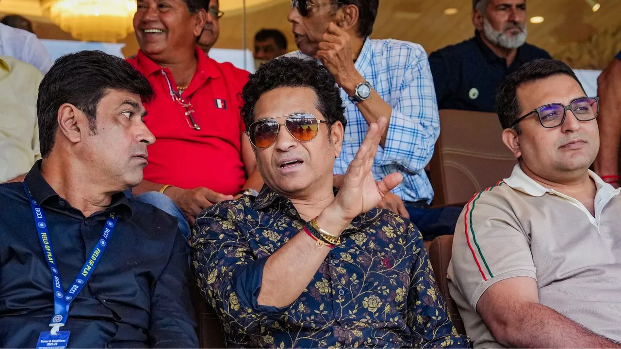 Cricket legend Sachin Tendulkar watches the Ranji Trophy final match between Mumbai and Vidarbha, at Wankhede Stadium in Mumbai