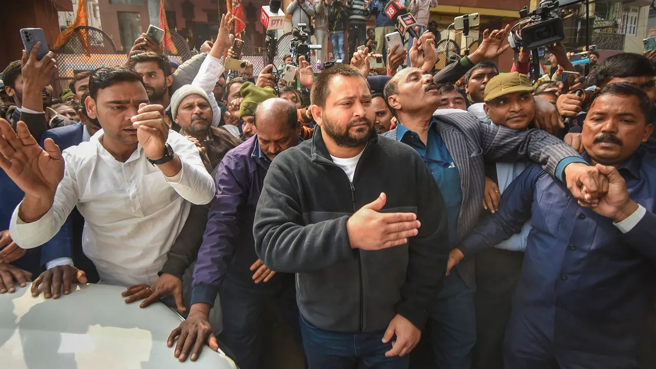 Tejashwi Yadav arrives at the Enforcement Directorate's (ED) office for questioning in the alleged land-for-jobs scam, in Patna