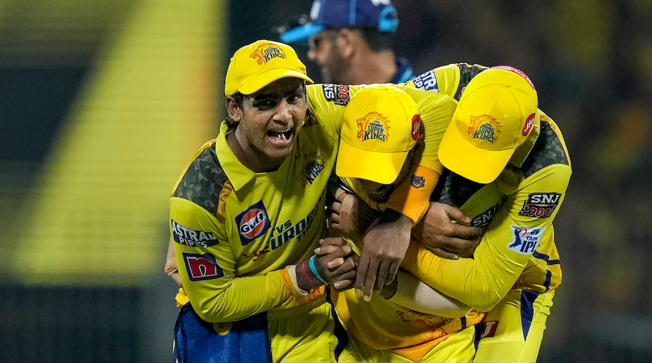 Chennai Super Kings players celebrate after the run-out of Gujarat Titans batter Darshan Nalkande in Chennai on May 23