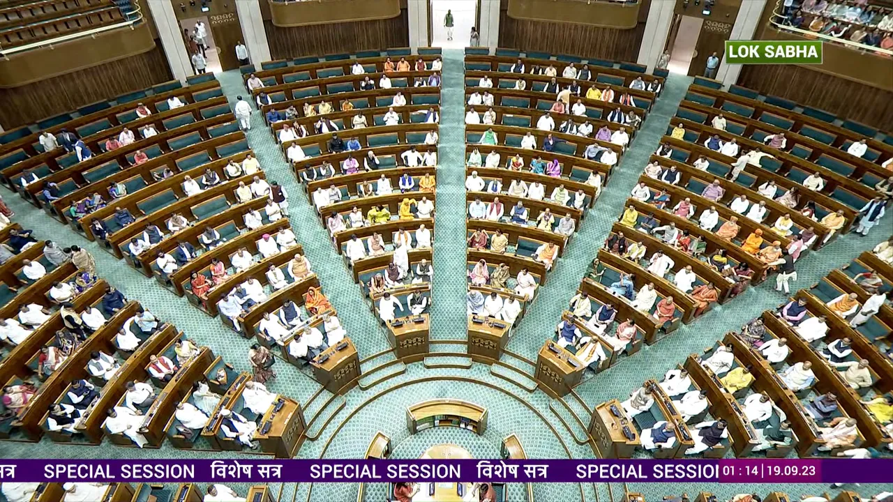 Parliamentarians in the Lok Sabha during a special session at the Parliament House, in New Delhi