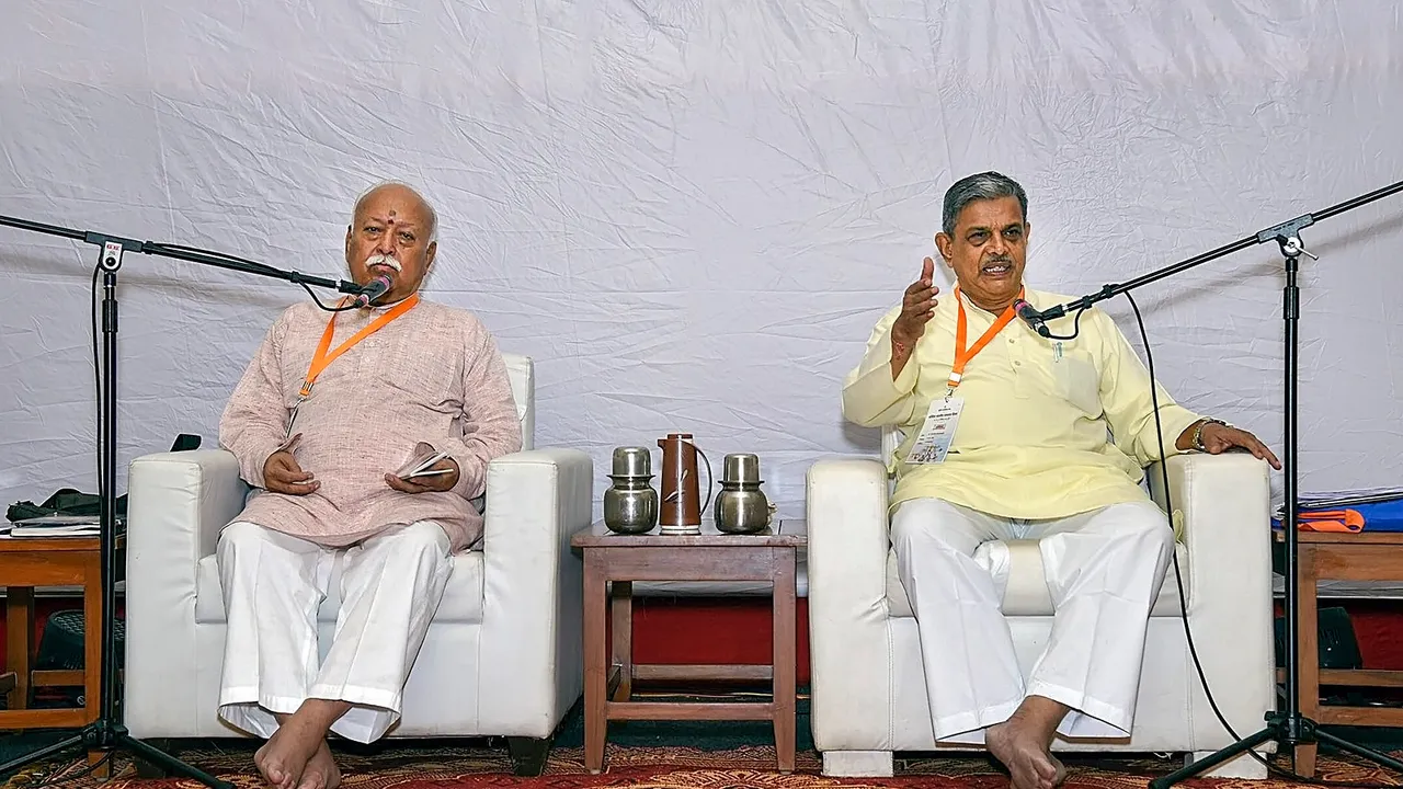 Rashtriya Swayamsevak Sangh (RSS) Mohan Bhagwat with RSS General Secretary Dattatreya Hosabale during the 'Akhil Bharatiya Samanvay Baithak' of RSS, in Pune