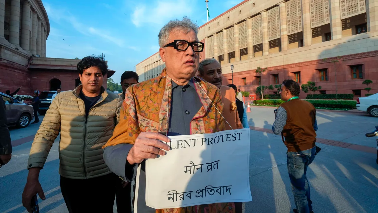 Suspended TMC MP Derek O’Brien during a silent protest outside the Parliament House during the Winter session, in New Delhi