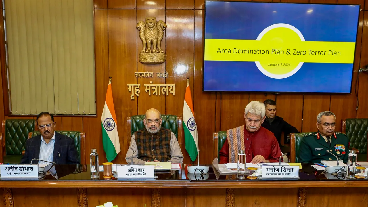 Union Home Minister Amit Shah chairs a high-level meeting to review security situation in Jammu and Kashmir, in New Delhi, Tuesday, Jan. 2, 2024
