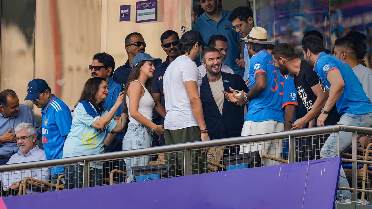 Former English footballer David Beckham with actors Siddhart Malhotra, Kiara Advani and Ranbir Kapoor during the ICC Men's Cricket World Cup 2023 semi-final match