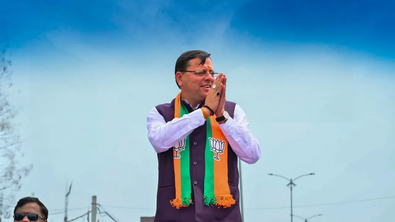 Uttarakhand Chief Minister Pushkar Singh Dhami during an election campaign roadshow