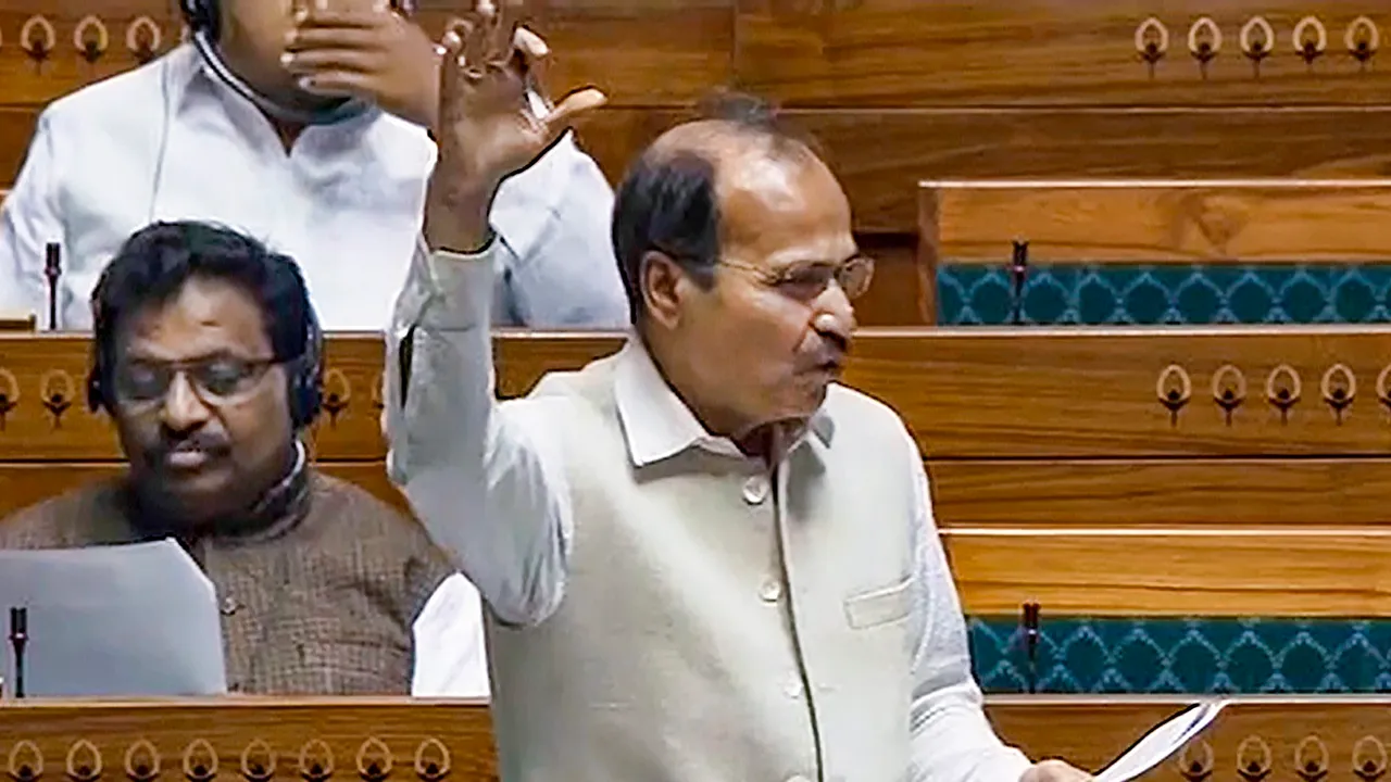 Congress MP Adhir Ranjan Chowdhury speaks in the Lok Sabha during the Winter session of Parliament