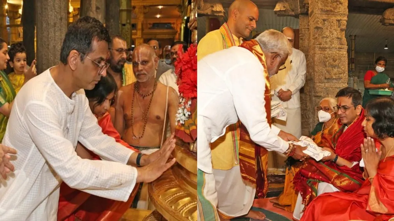 CJI D Y Chandrachud was welcomed by Tirumala Tirupati Devasthanams (TTD) Chairman YV Subba Reddy and TTD executive officer Anil Kumar Singhal on his arrival at the entrance of the temple