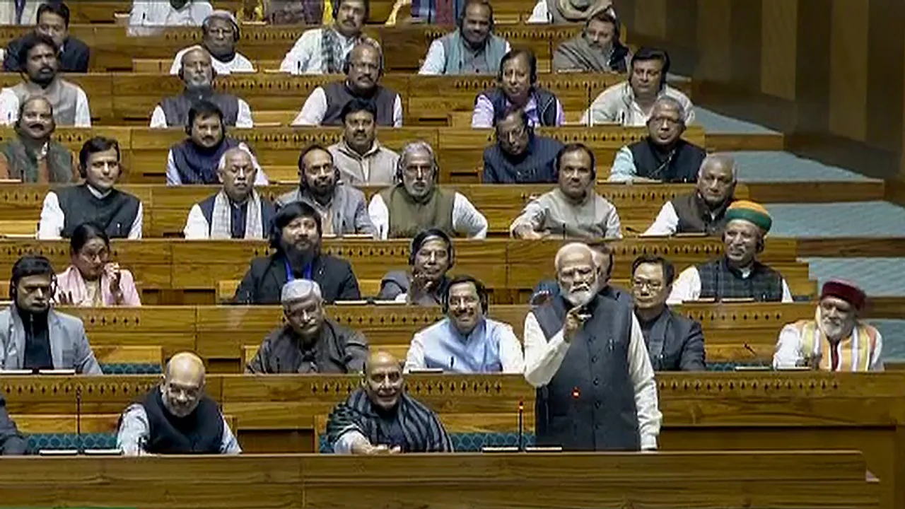 Narendra Modi replies to the 'Motion of Thanks' on the President's address in Lok Sabha during the Budget session of Parliament, in New Delhi, Monday, Feb. 5, 2024. 