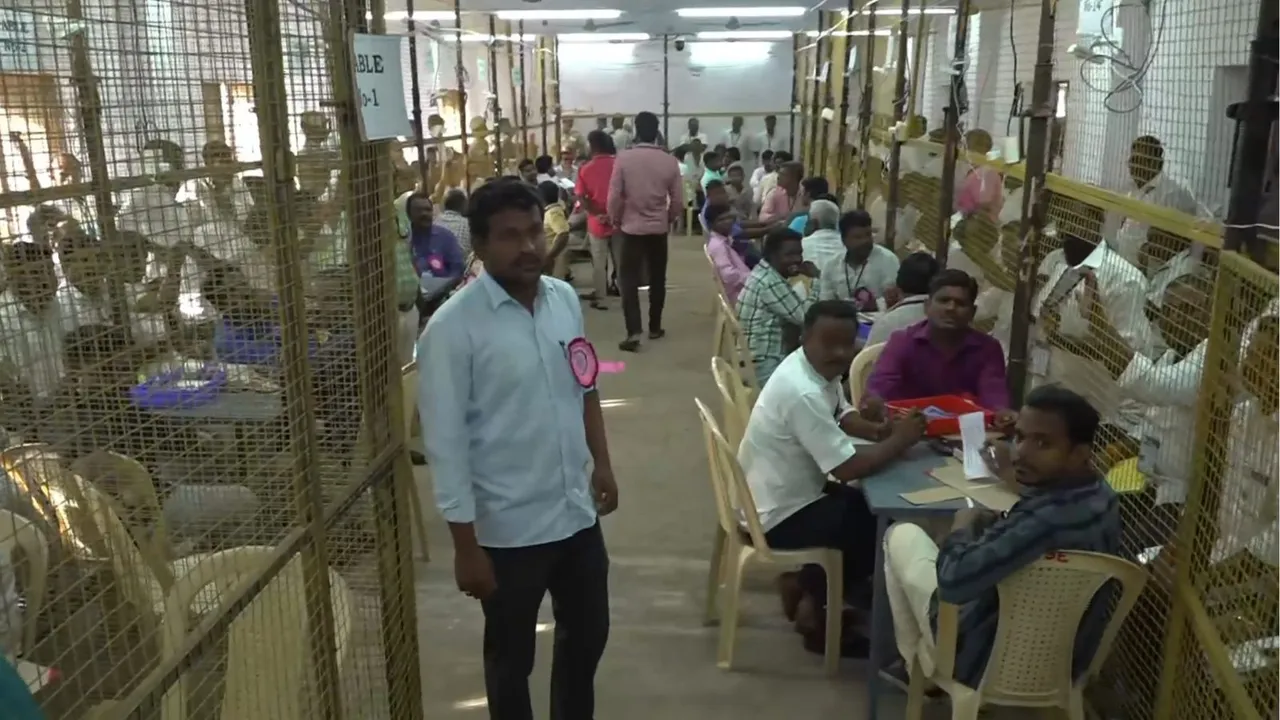 Counting agents during counting of votes for Vikravandi Assembly by-poll, Tamil Nadu, Saturday, July 13, 2024.