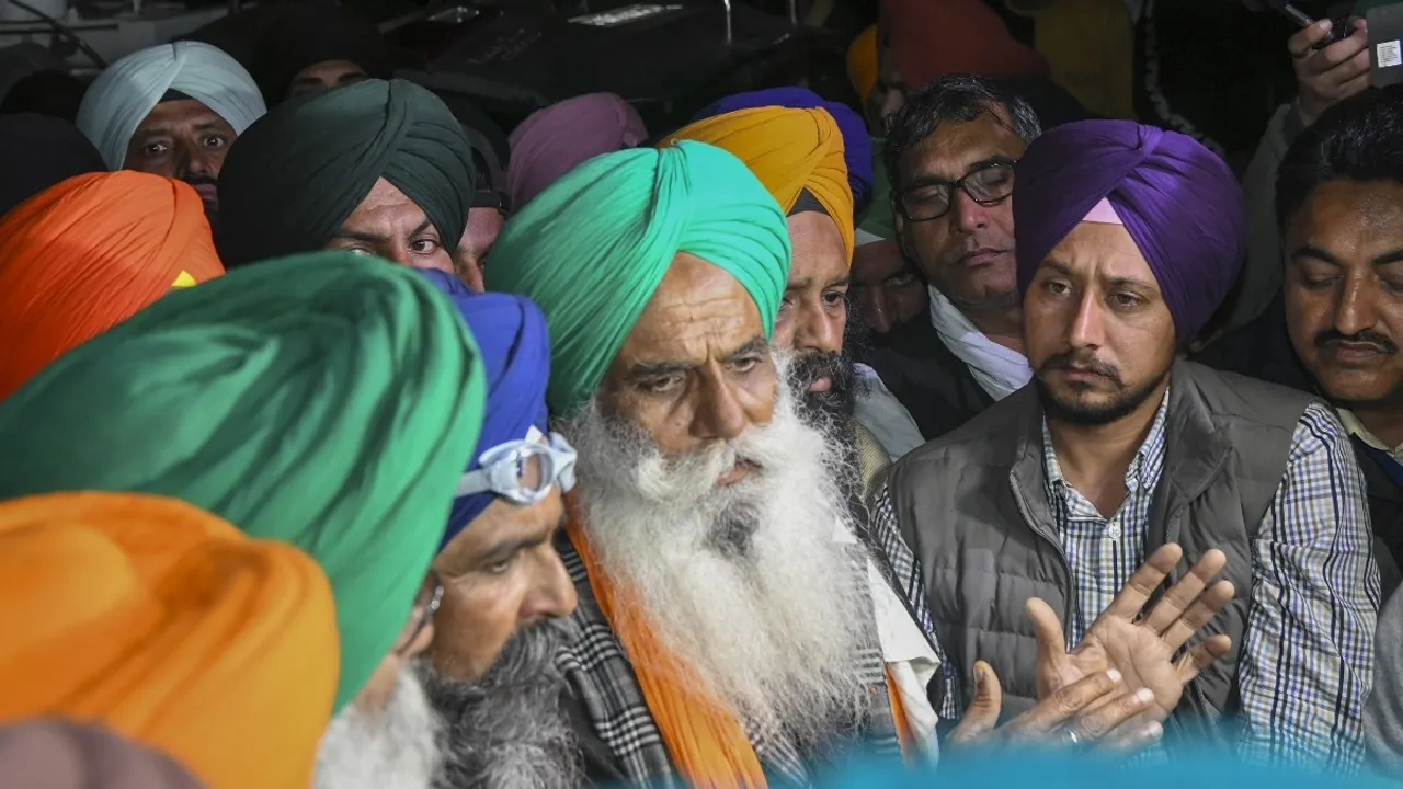 Farmer leaders speak with the media at the Punjab-Haryana Shambhu border during farmers' 'Delhi Chalo' march, in Patiala district