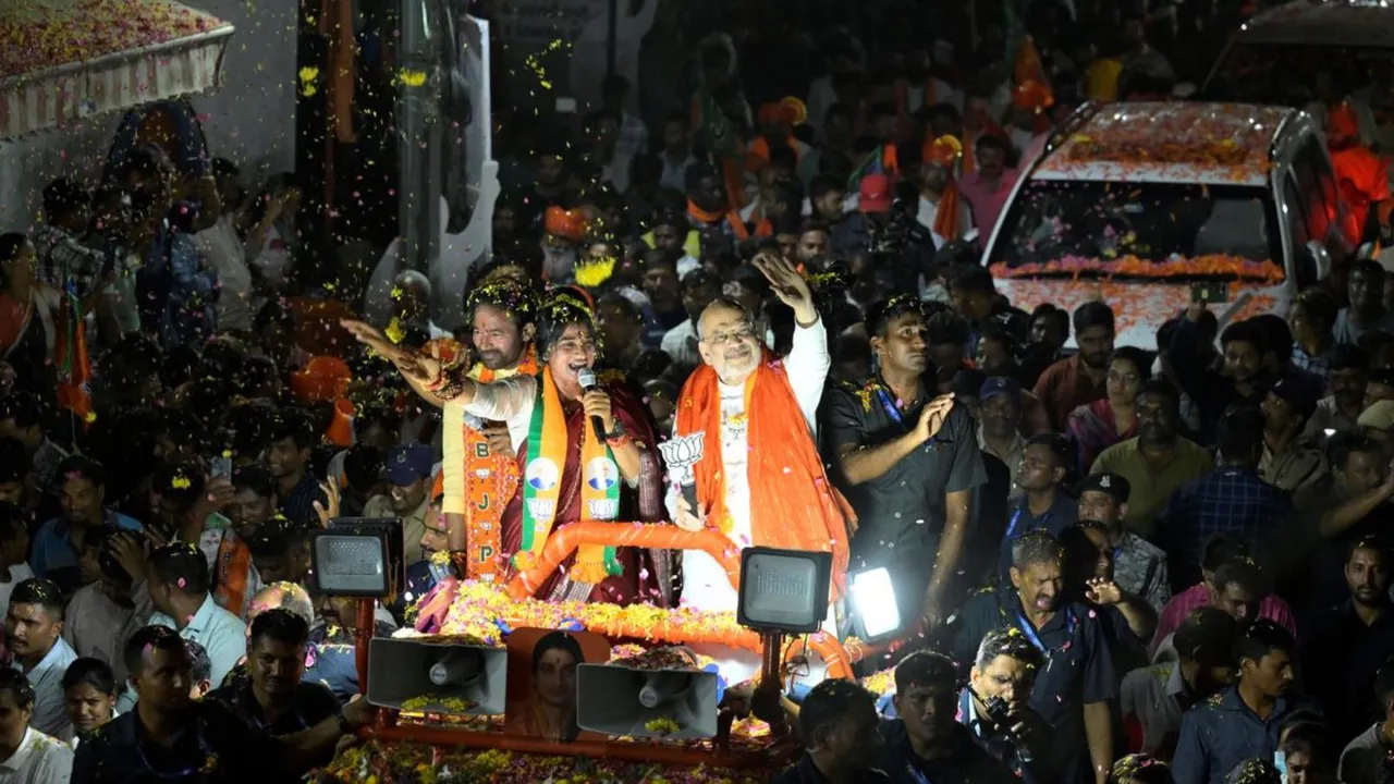 File photo of BJP leaders Amit Shah, Madhavi Latha and Kishan Reddy campaigning in Hyderabad Lok Sabha seat