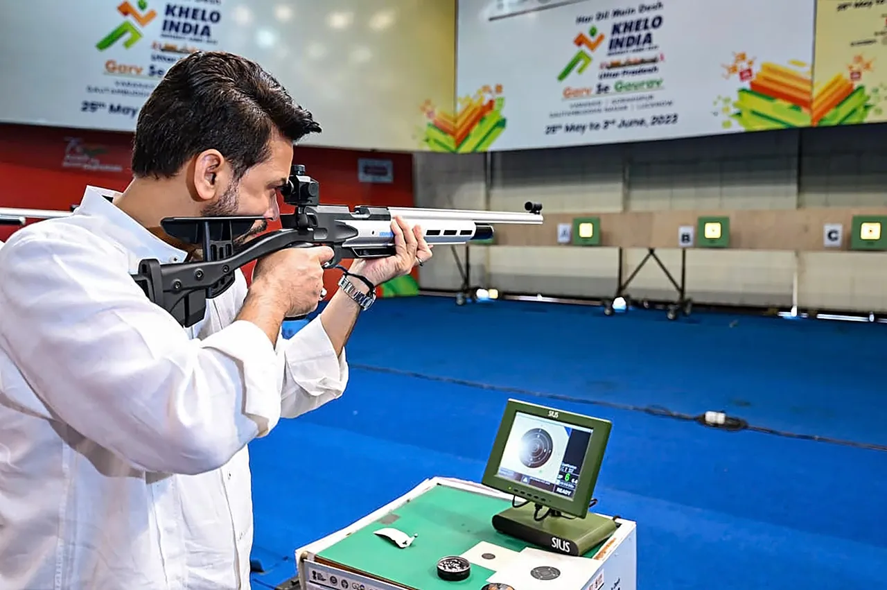 Union Minister for Youth Affairs and Sports Anurag Thakur during a visit to Dr Karni Singh Shooting Range, in New Delhi