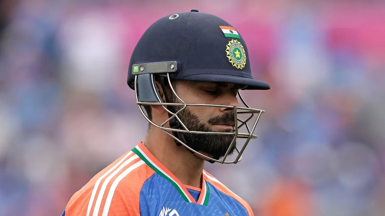 Virat Kohli reacts as he walks off the field after losing his wicket during the ICC Men's T20 World Cup cricket match between United States and India