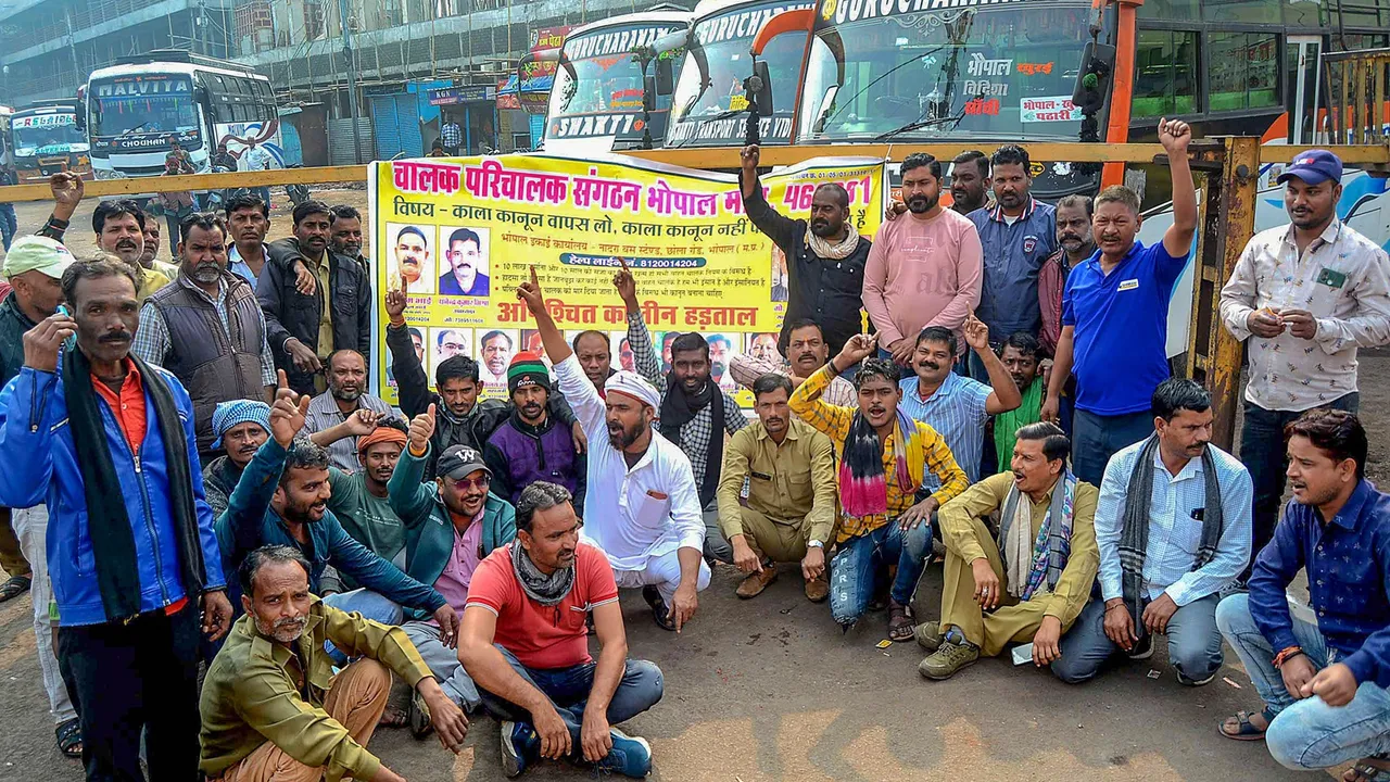 Bus and taxi drivers protest during their strike over the  stringent provisions under proposed legislation on hit-and-run cases under Bharatiya Nyaya Sanhita 2023, in Bhopal