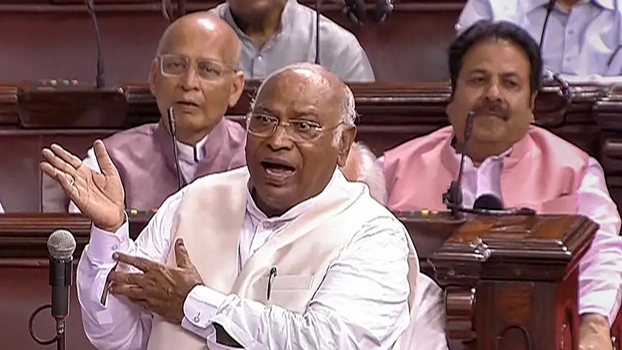Leader of Opposition in Rajya Sabha Mallikarjun Kharge speaks in the House during the Monsoon session of Parliament, in New Delhi