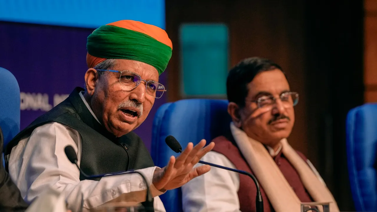 Union Law Minister Arjun Ram Meghwal speaks during a press conference, in New Delhi